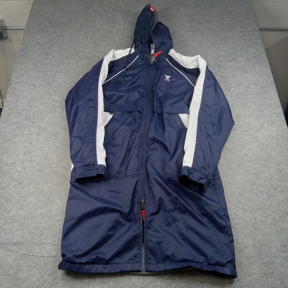 TYR Coat Mens XS Blue Hooded Long Parka Swim Warm Up Zip Pockets Coat Outdoor